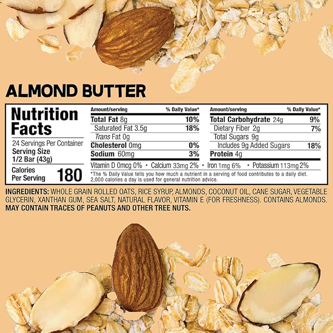 Bobo's Almond Butter Oat Bars, Gluten Free, Non-GMO, Whole Grain Oats, Pack of 12 | Snack Bars | On-the-Go | Made with Simple Ingredients
