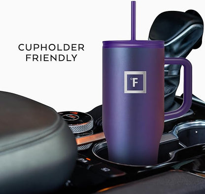 IRON °FLASK Co-Pilot Insulated Mug w/Straw & Flip Cap Lids - Cup Holder Bottle for Hot, Cold Drink - Leak-Proof - Water, Coffee Portable Travel Mug - Lavender, 32 Oz