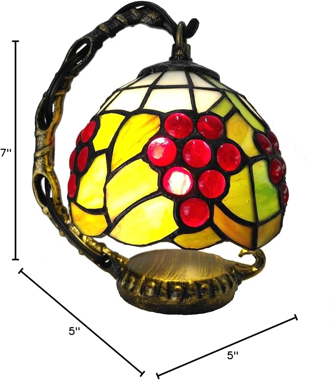 Bieye L10554 Grapes Tiffany Style Stained Glass Mini Table Lamp Night Light for Bedside Living Room, 7-inch Tall