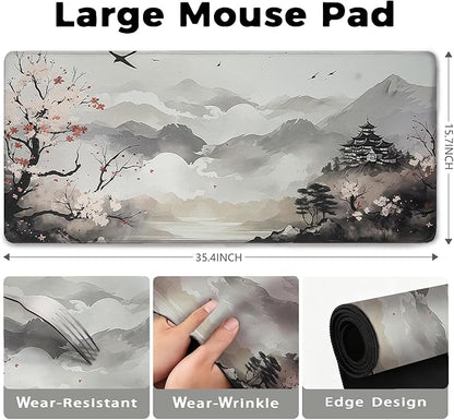 Cherry Blossom Patterns Desk Mat, Large Gaming Mouse Pad Non-Slip Rubber Base with Stitched Edges, Waterproof Protection for PC Laptop Home Office Desk Decor (35.4x15.7in)
