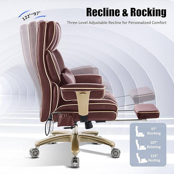 Ergonomic Executive Desk Chair with Adjustable Air Back Support, Luxury PU Leather Office Chair with Lumbar Massage High-Back 3-Level Tilt 360° Swivel Silent Wheels Height Adjustment,Footrest, Brown
