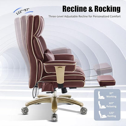 Ergonomic Executive Desk Chair with Adjustable Air Back Support, Luxury PU Leather Office Chair with Lumbar Massage High-Back 3-Level Tilt 360° Swivel Silent Wheels Height Adjustment,Footrest, Brown
