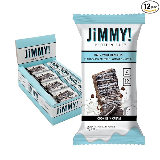 JiMMYBAR! - Cookies N Cream Protein Bars 19g Protein Bar - 7g Low Sugar - 12 Count - 58g Health Bars - Functional Snack with Real Food Ingredients - Hand-Drizzled Chocolate - Made With Real Peanuts
