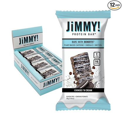 JiMMYBAR! - Cookies N Cream Protein Bars 19g Protein Bar - 7g Low Sugar - 12 Count - 58g Health Bars - Functional Snack with Real Food Ingredients - Hand-Drizzled Chocolate - Made With Real Peanuts