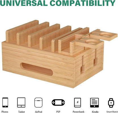 Bamboo Charging Stations for Multi Devices, Wood Desktop Docking Station Charger Organizer for Cell Phones, Tablets, Earphones, Watch (Includes 6 Charging Cables) (No Power Supply)