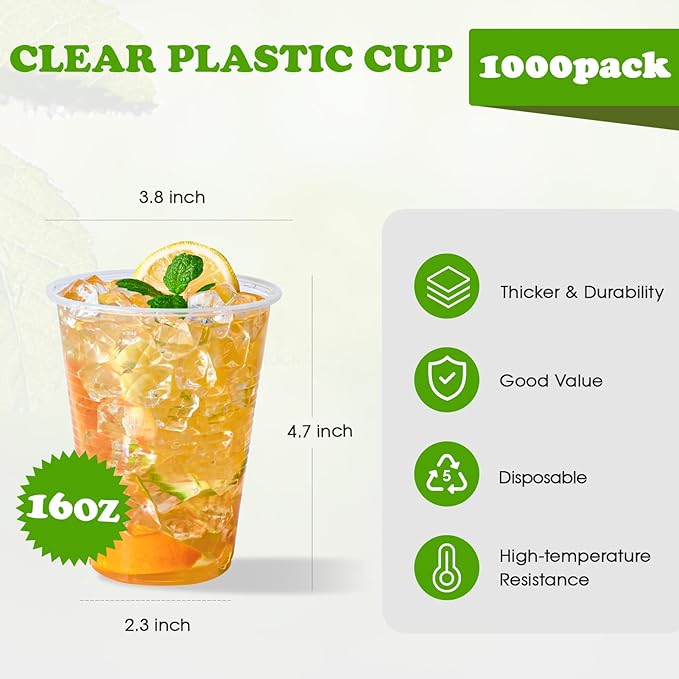 Lilymicky 1000 PACK 16 oz Clear Plastic Cups, Cold Disposable Party Drinking Cups for Parties, Picnic, BBQ & Events