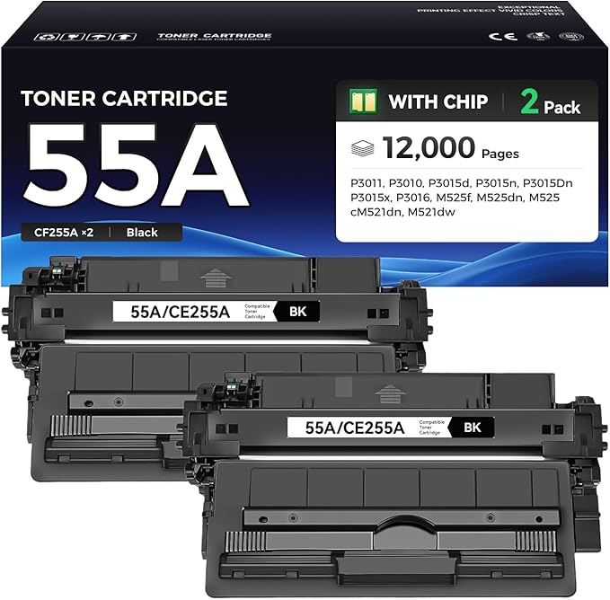 55A Toner Cartridge Black 2-Pack with Chip High Yield Replacement for HP 55A CE255A Compatible with Laserjet Enterprise 500 MFP M525dn M525f Flow M525c P3015d P3015dn P3015n P3015x Pro M521dn Printer