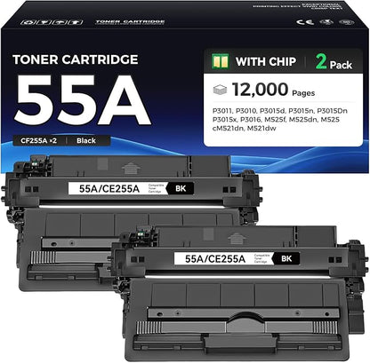 55A Toner Cartridge Black 2-Pack with Chip High Yield Replacement for HP 55A CE255A Compatible with Laserjet Enterprise 500 MFP M525dn M525f Flow M525c P3015d P3015dn P3015n P3015x Pro M521dn Printer