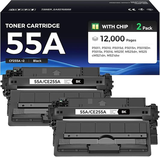 55A Toner Cartridge Black 2-Pack with Chip High Yield Replacement for HP 55A CE255A Compatible with Laserjet Enterprise 500 MFP M525dn M525f Flow M525c P3015d P3015dn P3015n P3015x Pro M521dn Printer