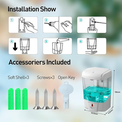 Touchless Automatic Hand Sanitizer Dispenser, Gel Wall Mount Hands Free Soap Dispenser Mounted 700ML for Hotel, Office, School, Kitchen, Church, Shopping Mall, Applicable to Multiple scenarios White
