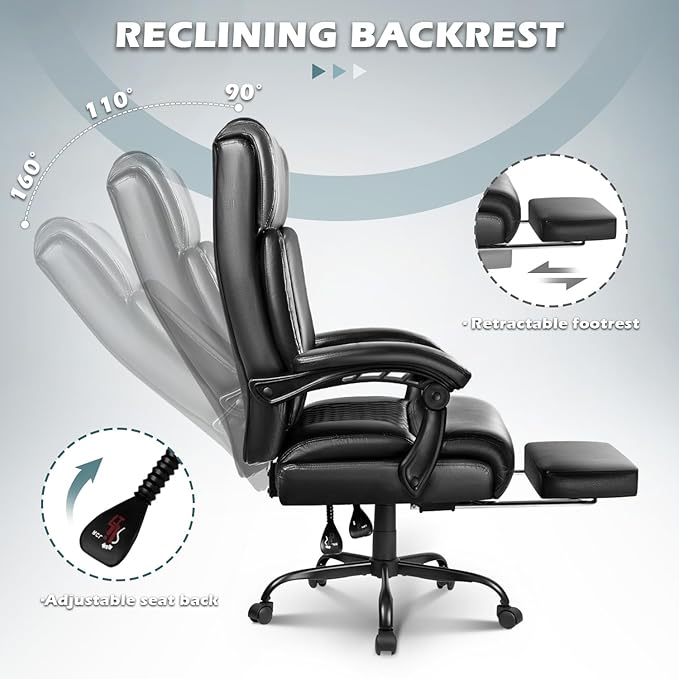 Big and Tall Office Chair with Foot Rest 400lbs, Heavy Duty Executive Leather Office Chair for Heavy People, Comfy High Back Ergonomic Office Desk Chair with Footrest and Lumbar Support, Black