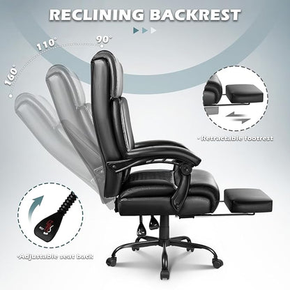 Big and Tall Office Chair with Foot Rest 400lbs, Heavy Duty Executive Leather Office Chair for Heavy People, Comfy High Back Ergonomic Office Desk Chair with Footrest and Lumbar Support, Black