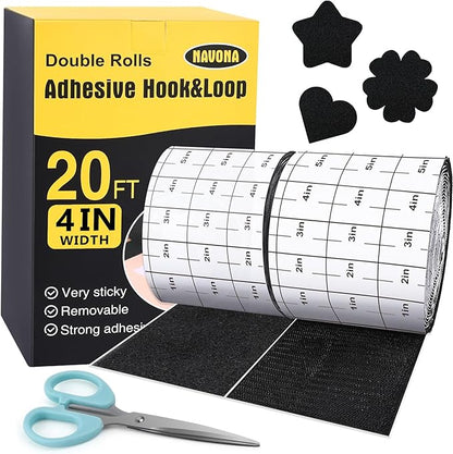 Navona 20Ft x 4 Inch Heavy Duty Hook and Loop Tape with Adhesive, Carpet Anti Slip Rug Gripper, Couch Cushion Grip, Hook and Loop Strips for Home, Office, DIY and Car -Black