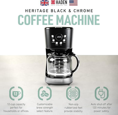Haden Coffee Machine, 12 Cup Programmable Drip Coffee Maker with Auto Shut-Off Function and Reusable Washable Water Filter, Black & Chrome