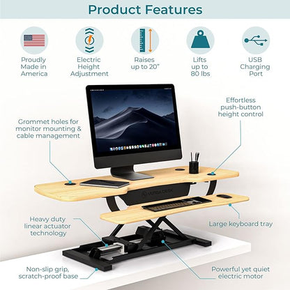 VERSADESK 48 Inch Extra Wide Electric Standing Desk Converter, PowerPro™ Height Adjustable Sit to Stand Desk Riser with Keyboard Tray, Built-in USB Charging Port, Hold 80 lbs, Maple