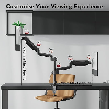 BONTEC Dual Monitor Stand for 13-34 Inch Screens, Gas Spring Adjustable Monitor Arm, Full Motion VESA 75x75/100x100mm Desk Mount with Tilt, Swivel, Rotation, Ergonomic Design for Home Office or Gaming