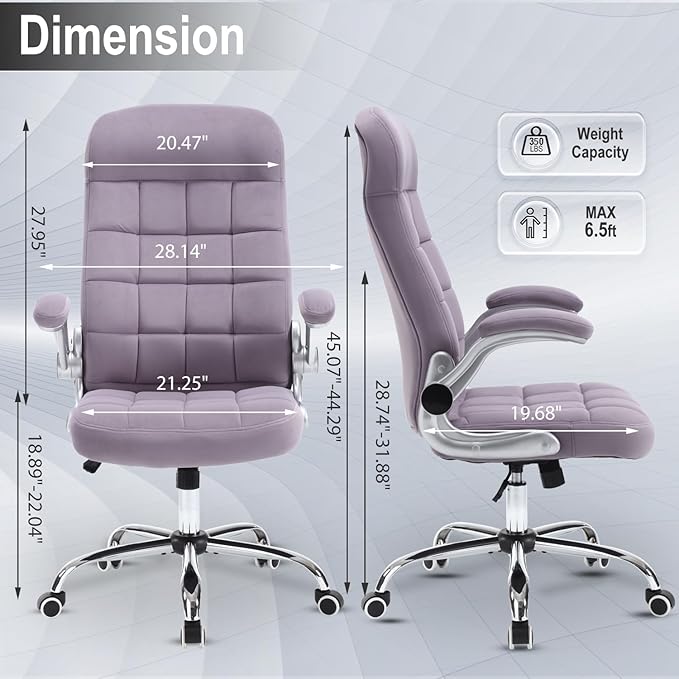 High Back Fabric Office Chair Purple, Velvet Executive Desk Chairs with Flip-Up Arms, Ergonomic Office Chairs with Lumbar Support, Upholstered Home Computer Swivel Chair with Wheels