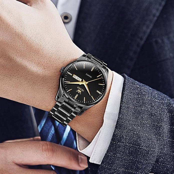 Men's Casual Stainless Steel Watch, Big Face Easy to Read Analog Quartz Watch with Day and Date, Classic Waterproof Diamond Roman Arabic Numerals Dial Dress Watch for Men, Gold Silver Black Band
