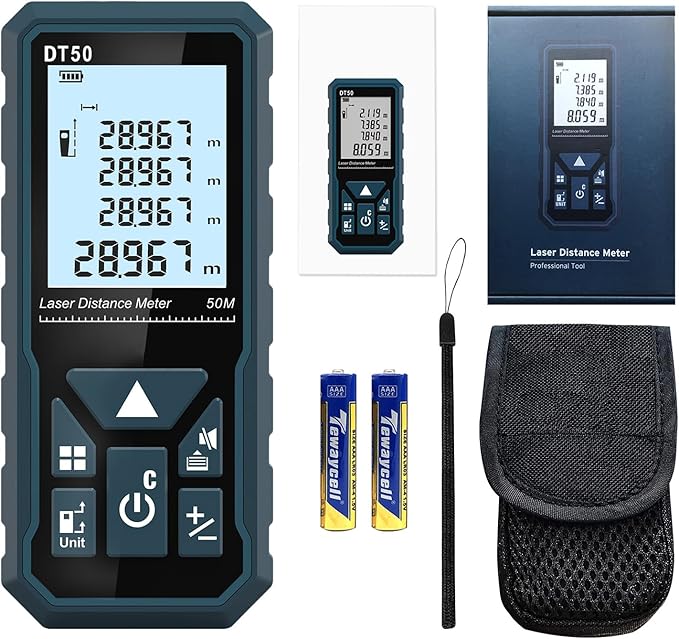 HANMATEK Laser Distance Meter 165ft, DT50 50m Laser Measure with Portable Handle Digital Measure Tool Range Finder 4-Line Backlit Large LCD Display IP54 Shockproof