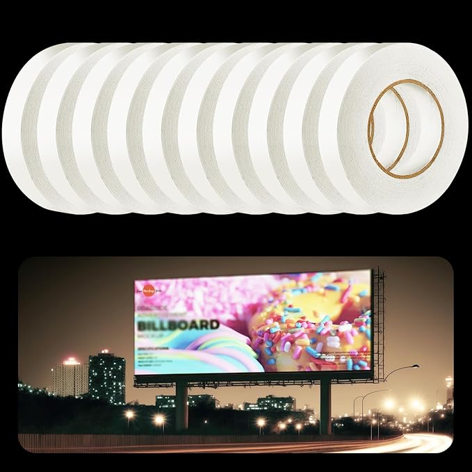 Geyoga 10 Rolls Total 1640 ft Heavy Duty Banner Hem Tape Double Sided Each 1" x 164 ft Mounting Tape for Vinyl Banner, White