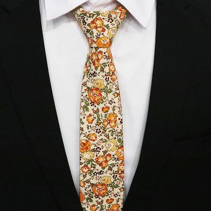 Cotton Floral Ties for Men 2.76" Men's Skinny Tie Linen Flower Printed Neck Tie for Wedding Dating Party