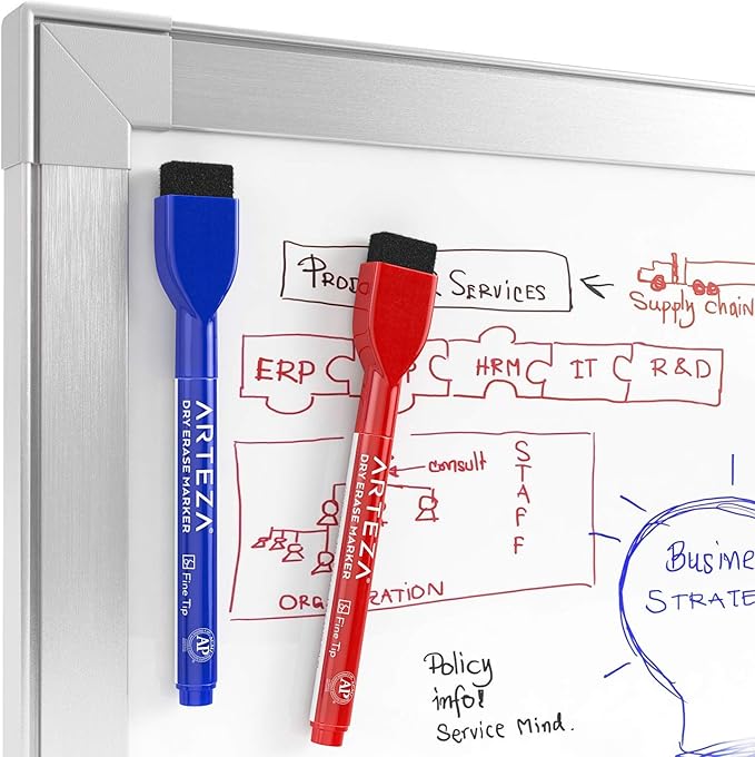 ARTEZA Magnetic Dry Erase Markers with Eraser, Bulk Pack of 60, Fine Tip, 4 Assorted Colors with Low-Odor Ink, Whiteboard Pens, School and Office Supplies