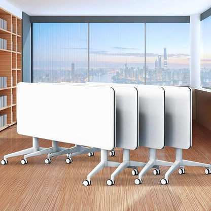 Folding Conference Table,Movable Conference Room Table with Wheels,White Wood Rectangular Conference Table with Modern Business Style,Modular Meeting Training Tables for Office Classroom(4,55.1'')
