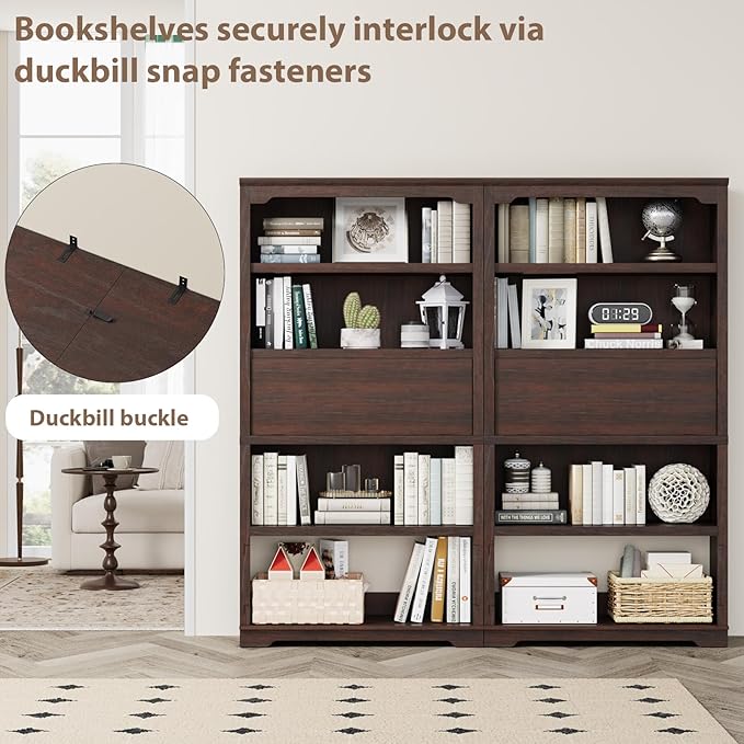 HIFYOBRO 71" Tall Bookcase, 5-Tier Open Display Storage Shelf, 37 inch Wide Freestanding Bookshelves with Flip-Down Door on 3rd Book Shelf for Home, Office, Library, 37" W * 11" D * 71" H (Cherry)