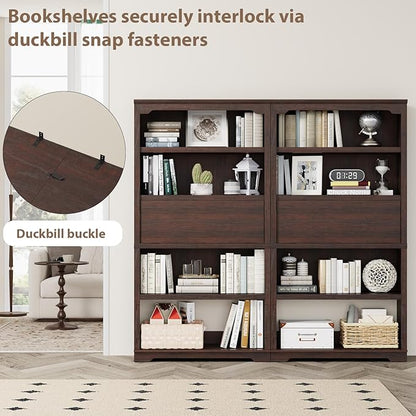 HIFYOBRO 71" Tall Bookcase, 5-Tier Open Display Storage Shelf, 37 inch Wide Freestanding Bookshelves with Flip-Down Door on 3rd Book Shelf for Home, Office, Library, 37" W * 11" D * 71" H (Cherry)