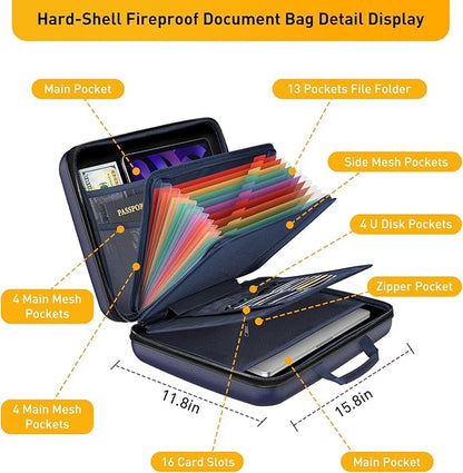 Fireproof Document Organizer with Lock, File Organizer Safe Box Fireproof Waterproof, Hard Shell Fire Proof Document Bag with 13 Pocket Accordion File Folders, Home Storage Office Organization