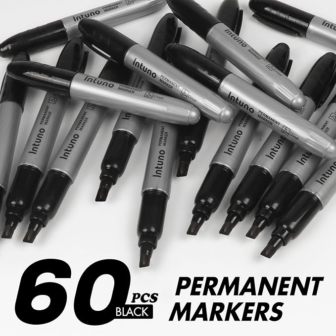 Jumo Permanent Markers, 60 Count Black, Chisel tip, Oil-Based Permanent Markers, Waterproof and Fade-Resistant, for Paper, Wood, Metal, Glass and More