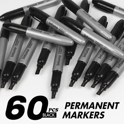 Jumo Permanent Markers, 60 Count Black, Chisel tip, Oil-Based Permanent Markers, Waterproof and Fade-Resistant, for Paper, Wood, Metal, Glass and More