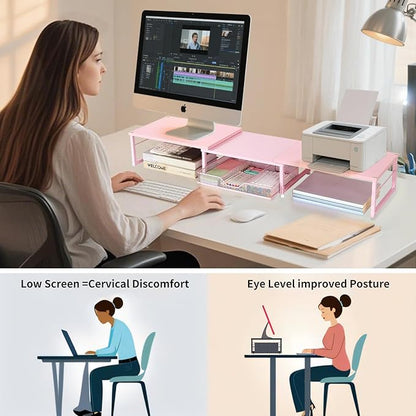 OPNICE Dual Monitor Stand Riser, Desk Organizer with Drawer, Office Desk Organizers and Accessories, Office Workspace Organization Computer Monitor Stand for Laptop, Printer, TV（Pink）