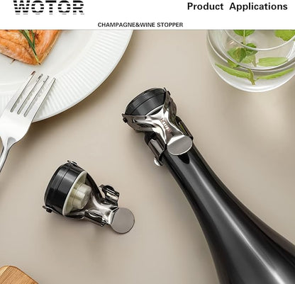 WOTOR Champagne&Wine Bottle Stoppers Stainless Steel with Food Grade Silicone, Leak Proof Keep Fresh Reusable Saver, Cork Suitable for Wine, Champagne, Cava, Prosecco and Sparkling (2 Pack Black）