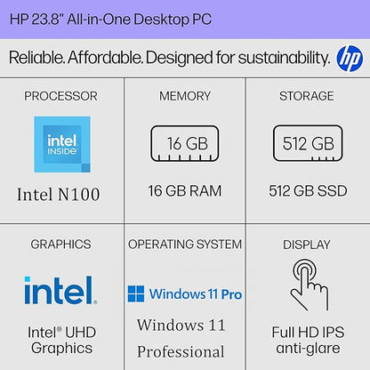 HP 24 Touchscreen All-in-One Desktop Computer for Home and School, Intel Processor (Beat i3-1110G4), 23.8" FHD Display, 16GB DDR4 RAM, 512GB PCIe SSD, WiFi 6, Bluetooth, Business AIO, Windows 11 Pro