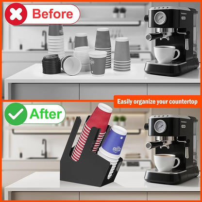 MYITYARD Coffee Station Organizer for Countertop, Acrylic Cup and Lid Dispenser Fit Disposable Paper and Plastic Cups, 2 Compartments Coffee Bar Accessories for Office Breakroom, Home, Kitchen