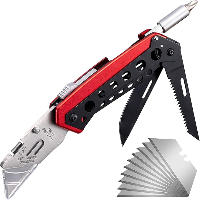Folding Utility Knife, Heavy Duty Box Cutter Knife, Pocket Razor Utility Knives with 10 Razor Blades, Screwdriver, Saw, Belt Clip, Safety Lock, EDC Work Knives, Gifts for Men Wowen