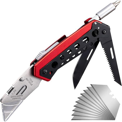 Folding Utility Knife, Heavy Duty Box Cutter Knife, Pocket Razor Utility Knives with 10 Razor Blades, Screwdriver, Saw, Belt Clip, Safety Lock, EDC Work Knives, Gifts for Men Wowen