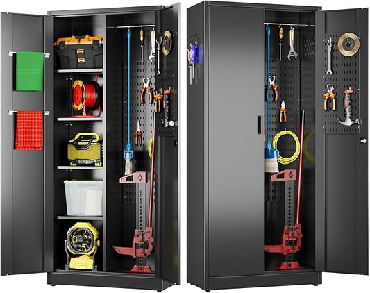 Broom Closet Storage Cabinet with 5 Pegboard, Hanging Rod &13 Hooks, Utility Metal Garage Storage Cabinets with Doors and 4 Shelves for Garage Home Office, Black,71.4" H x 31.5" W x 15.7" D
