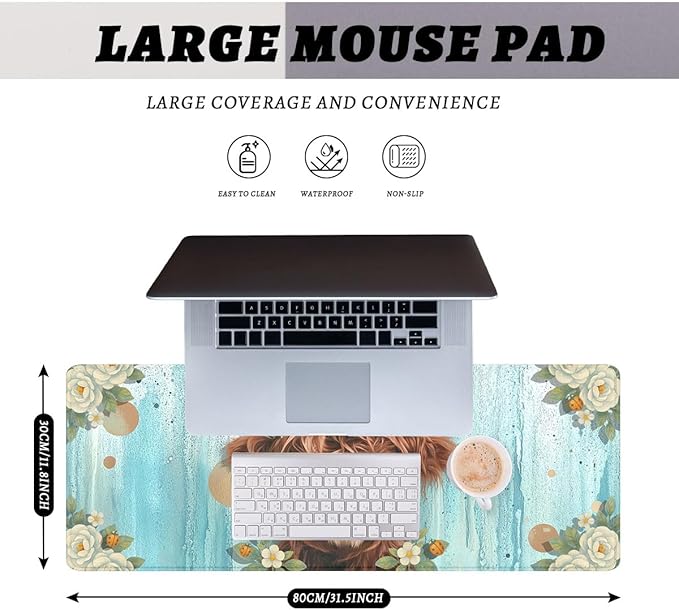 Highland Cow Desk Pad Mouse Pad Floral Farmhouse Flower Crown Mousepad XL Large Gaming Mouse Pad Laptop Keyboard Mat Desk Pad 31.5"x11.8"