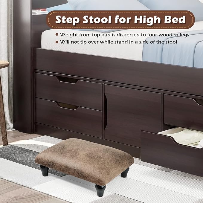 Small Foot Stool Ottoman with Stable Wood Legs Upholstered Footstool Padded Foot Rest Step Stool for High Beds Seat Chair Couch Sofa Patio Bedroom Living Room Office (5.9" H-Shallow Brown)