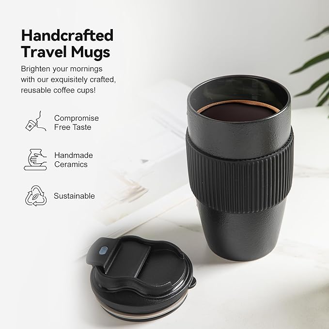 Ceramic Travel Coffee Mug with Polypropylene Lid and Insulated Sleeve, 16 oz, Portable Coffee Cup for Car Cup Holder, Black Matt Finish Mug, Microwave and Dishwasher Safe(Black)