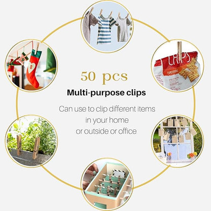 Clothes Pins,50 Pack,2.9 in,Natural Birchwood,Rust and Moisture Resistant Clothespins,Durable Clothes Pins Wooden with Storage Bag,Strong Grip,Clothespins for Hanging Clothes,Bag Clips,Crafts,Photos
