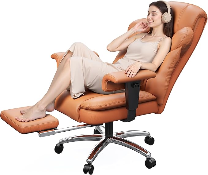 Ergonomic Office Chair with Foot Rest and Arms,Big and Tall Leather Executive Office Chair with Wide&Deep Seat Thickened,Reclining Comfy Desk Chair with High Back and Lumbar Support,Brown