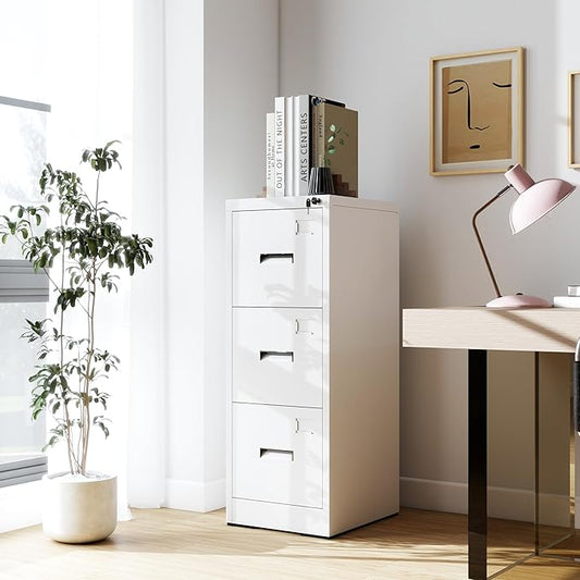 3-Drawer Locking Vertical File Cabinet, Metal Storage Cabinet for Office/Home – Secure Vertical Filing for Letter/Legal/A4/F4 Documents, Easy to Assemble Steel Cabinet, White
