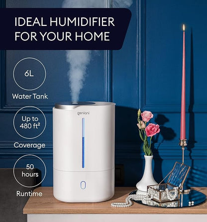Top Fill Humidifier with Essential Oil Diffuser 6L for Home, Baby, Bedroom, Large Room & Indoor Plants, Cool Mist Ultrasonic Quiet Air Humidifiers, Automatic Humidity Control, Night Light (6L, White)