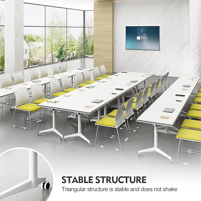 Folding Conference Table Modern Large Mobile Meeting Table Rolling Conference Room Tables with Wheels Seminar Tables for Office Training Classroom (6, White, 63" D X 19.7" W X 29.5" H)
