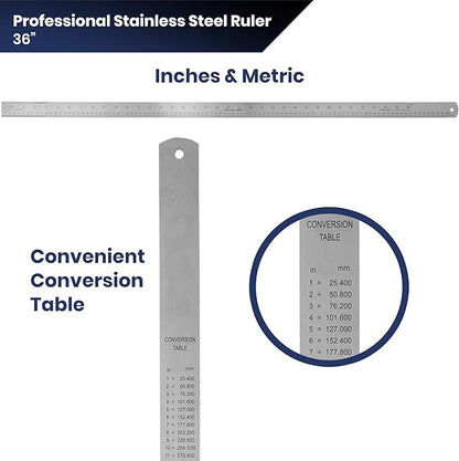 2 Pack Pacific Arc 36 Inch Stainless Steel Ruler with Inch/Metric Conversion Table