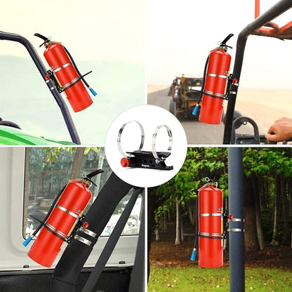 MEGREZ Adjustable Fire Extinguisher Mount Holder, Aluminum Quick Release Fire Extinguisher Holder with 8 Clamps, Compatible with Jeep Wrangler UTV Polaris RZR, Black