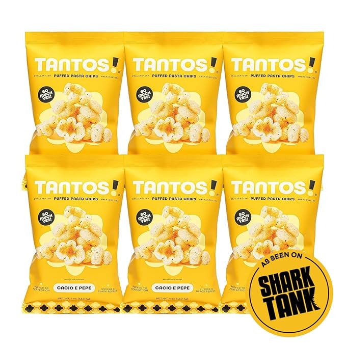Tantos! Puffed Pasta Chips, Healthy Pasta Snack by Top Chef Joe Sasto, As Seen on Shark Tank, Plant Based, Low Calorie, Crunchy Chips, Variety Pack, Marinara, Pesto, Cacio e Pepe, Classico, Gourmet Bold Flavors, 1 oz 6 Pack, Cacio e Pepe